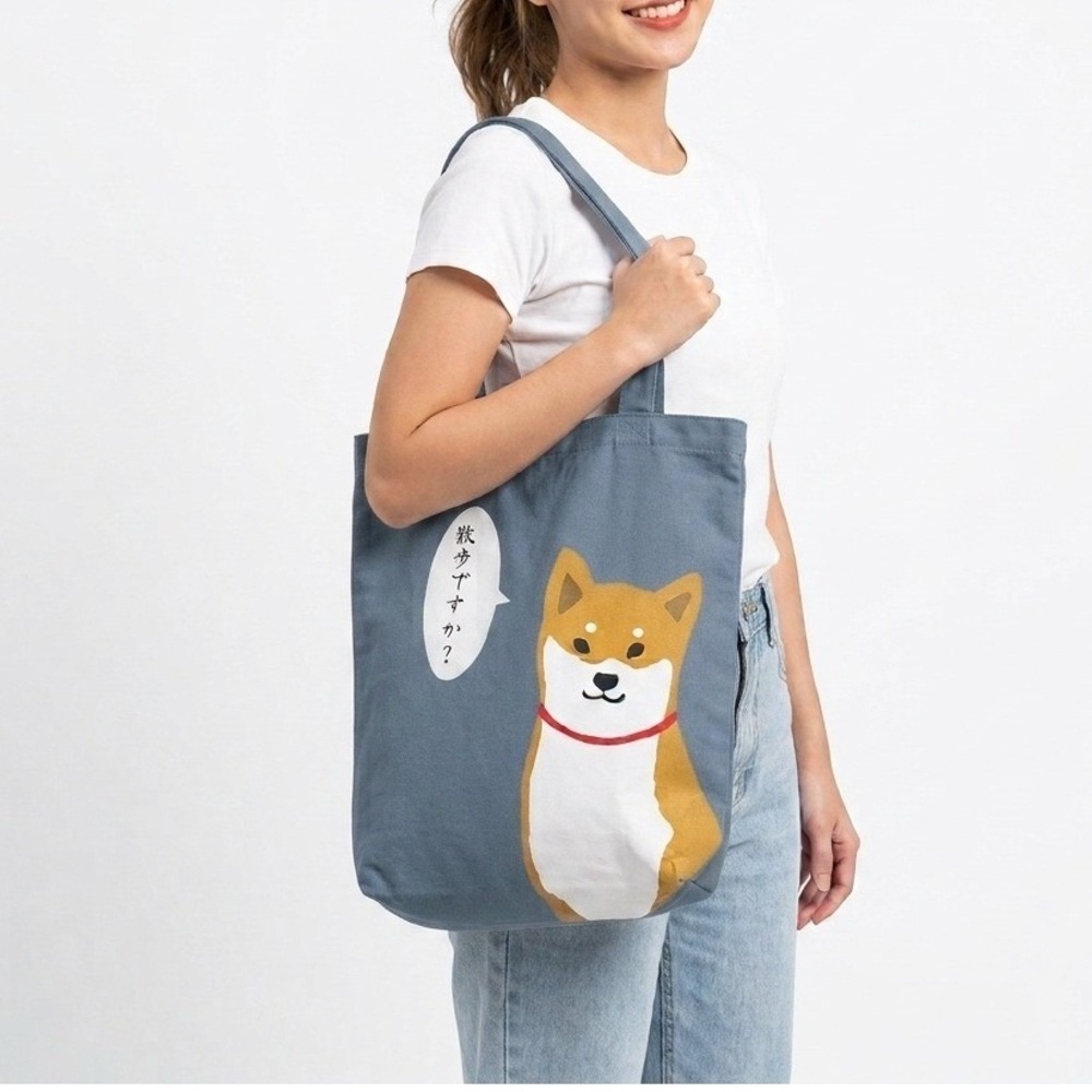 Shiba Inu Canvas Tote Bag Shibata san Blue Japanese Shall We Take a Walk Kawaii